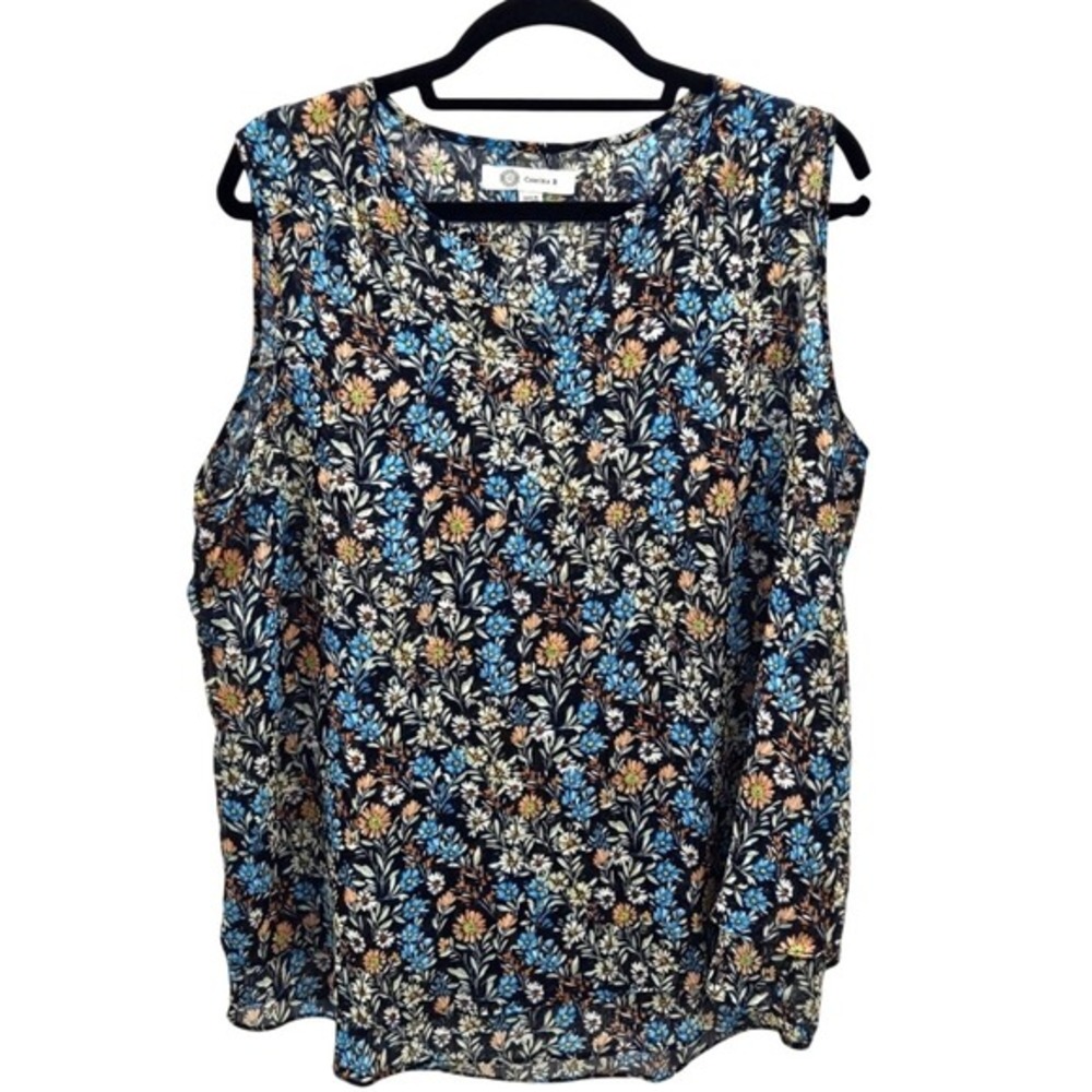 Cristina B Womens Large Floral Sleeveless V-Neck Tiered Hem Blouse Navy‎ Blue L